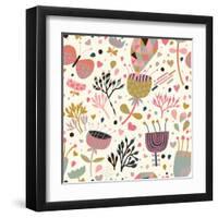 Texture with Flowers, Birds and Butterflies-smilewithjul-Framed Art Print