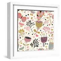 Texture with Flowers, Birds and Butterflies-smilewithjul-Framed Art Print