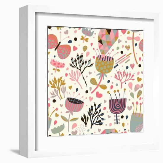 Texture with Flowers, Birds and Butterflies-smilewithjul-Framed Art Print
