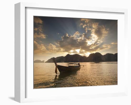 Thai Fishing Boats Off Phi Phi Island at Sunset-Alex Saberi-Framed Premium Photographic Print