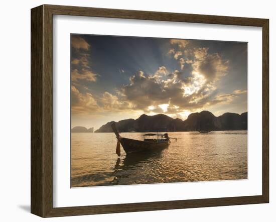 Thai Fishing Boats Off Phi Phi Island at Sunset-Alex Saberi-Framed Photographic Print