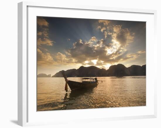 Thai Fishing Boats Off Phi Phi Island at Sunset-Alex Saberi-Framed Photographic Print