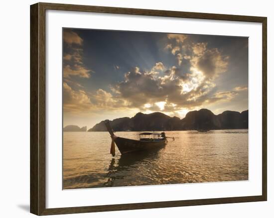 Thai Fishing Boats Off Phi Phi Island at Sunset-Alex Saberi-Framed Photographic Print