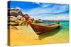 Thai Longtail Boat Anchored in a Turqouise Bay-vitalytitov-Stretched Canvas