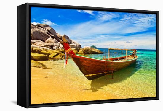 Thai Longtail Boat Anchored in a Turqouise Bay-vitalytitov-Framed Stretched Canvas