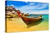 Thai Longtail Boat Anchored in a Turqouise Bay-vitalytitov-Stretched Canvas