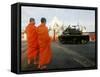 Thai Monks Watch as Soldiers Guard an Area Near Crucial Government Buildings Bangkok, Thailand-null-Framed Stretched Canvas