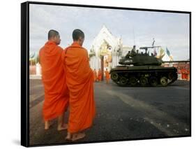 Thai Monks Watch as Soldiers Guard an Area Near Crucial Government Buildings Bangkok, Thailand-null-Framed Stretched Canvas