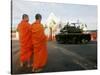Thai Monks Watch as Soldiers Guard an Area Near Crucial Government Buildings Bangkok, Thailand-null-Stretched Canvas