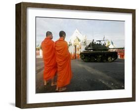 Thai Monks Watch as Soldiers Guard an Area Near Crucial Government Buildings Bangkok, Thailand-null-Framed Premium Photographic Print