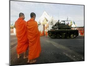 Thai Monks Watch as Soldiers Guard an Area Near Crucial Government Buildings Bangkok, Thailand-null-Mounted Premium Photographic Print