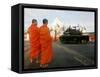 Thai Monks Watch as Soldiers Guard an Area Near Crucial Government Buildings Bangkok, Thailand-null-Framed Stretched Canvas