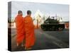 Thai Monks Watch as Soldiers Guard an Area Near Crucial Government Buildings Bangkok, Thailand-null-Stretched Canvas