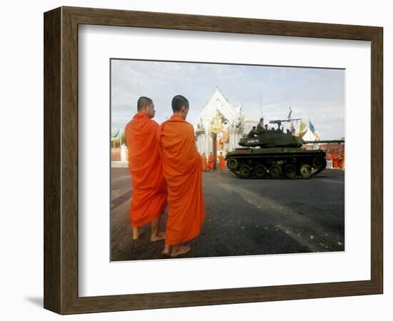 Thai Monks Watch as Soldiers Guard an Area Near Crucial Government Buildings Bangkok, Thailand-null-Framed Photographic Print