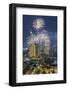 Thailand, Bangkok. Riverside, high angle skyline view with fireworks at dusk.-Walter Bibikow-Framed Photographic Print