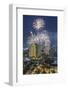 Thailand, Bangkok. Riverside, high angle skyline view with fireworks at dusk.-Walter Bibikow-Framed Photographic Print