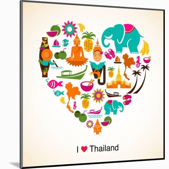 Thailand Love - Heart With Thai Icons And Symbols-Marish-Mounted Art Print