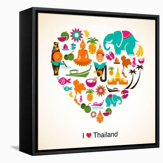 Thailand Love - Heart With Thai Icons And Symbols-Marish-Framed Stretched Canvas