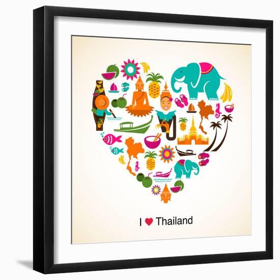 Thailand Love - Heart With Thai Icons And Symbols-Marish-Framed Art Print