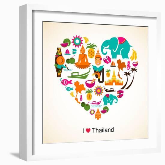 Thailand Love - Heart With Thai Icons And Symbols-Marish-Framed Art Print