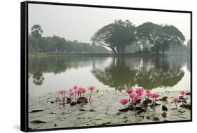 Thailand, Sukhothai. Water Lilies in Front of Wat Traphang Nguen-Kevin Oke-Framed Stretched Canvas