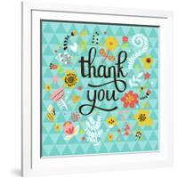 Thank You! Bright Cartoon Card Made of Flowers and Butterflies. Floral Background in Summer Colors-smilewithjul-Framed Art Print