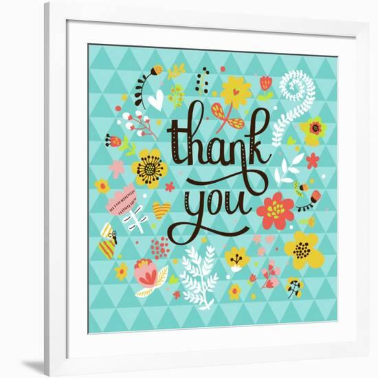 Thank You! Bright Cartoon Card Made of Flowers and Butterflies. Floral Background in Summer Colors-smilewithjul-Framed Art Print