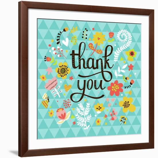 Thank You! Bright Cartoon Card Made of Flowers and Butterflies. Floral Background in Summer Colors-smilewithjul-Framed Art Print