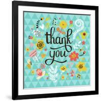 Thank You! Bright Cartoon Card Made of Flowers and Butterflies. Floral Background in Summer Colors-smilewithjul-Framed Art Print