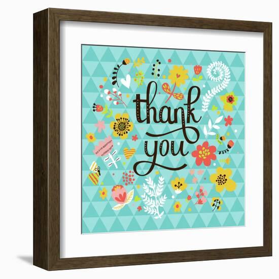 Thank You! Bright Cartoon Card Made of Flowers and Butterflies. Floral Background in Summer Colors-smilewithjul-Framed Art Print