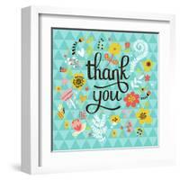 Thank You! Bright Cartoon Card Made of Flowers and Butterflies. Floral Background in Summer Colors-smilewithjul-Framed Art Print