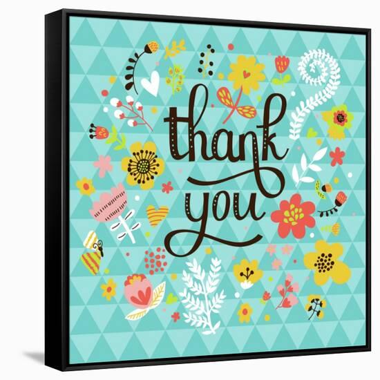 Thank You! Bright Cartoon Card Made of Flowers and Butterflies. Floral Background in Summer Colors-smilewithjul-Framed Stretched Canvas