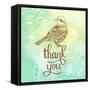 Thank You Card in Blue Colors. Stylish Floral Background with Text and Cute Cartoon Bird in Vector.-smilewithjul-Framed Stretched Canvas