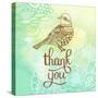 Thank You Card in Blue Colors. Stylish Floral Background with Text and Cute Cartoon Bird in Vector.-smilewithjul-Stretched Canvas