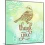 Thank You Card in Blue Colors. Stylish Floral Background with Text and Cute Cartoon Bird in Vector.-smilewithjul-Mounted Art Print