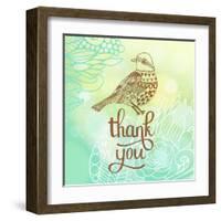 Thank You Card in Blue Colors. Stylish Floral Background with Text and Cute Cartoon Bird in Vector.-smilewithjul-Framed Art Print