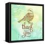Thank You Card in Blue Colors. Stylish Floral Background with Text and Cute Cartoon Bird in Vector.-smilewithjul-Framed Stretched Canvas