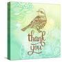 Thank You Card in Blue Colors. Stylish Floral Background with Text and Cute Cartoon Bird in Vector.-smilewithjul-Stretched Canvas