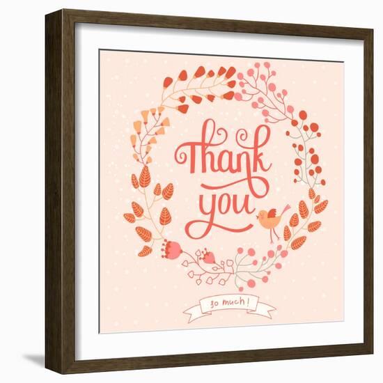 Thank You Card in Pink Colors. Stylish Floral Background with Text and Cute Cartoon Bird in Vector-smilewithjul-Framed Art Print