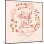 Thank You Card in Pink Colors. Stylish Floral Background with Text and Cute Cartoon Bird in Vector-smilewithjul-Mounted Art Print