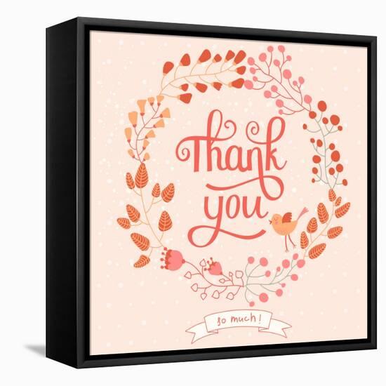 Thank You Card in Pink Colors. Stylish Floral Background with Text and Cute Cartoon Bird in Vector-smilewithjul-Framed Stretched Canvas