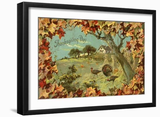 Thanksgiving Day - Fallen Leaves and Turkeys-Lantern Press-Framed Art Print