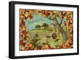 Thanksgiving Day - Fallen Leaves and Turkeys-Lantern Press-Framed Art Print