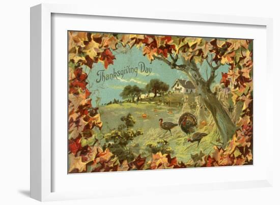 Thanksgiving Day - Fallen Leaves and Turkeys-Lantern Press-Framed Art Print