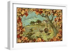 Thanksgiving Day - Fallen Leaves and Turkeys-Lantern Press-Framed Art Print