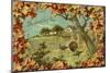 Thanksgiving Day - Fallen Leaves and Turkeys-Lantern Press-Mounted Art Print