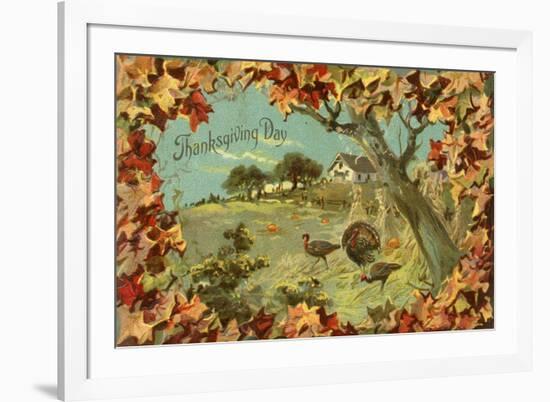 Thanksgiving Day - Fallen Leaves and Turkeys-Lantern Press-Framed Art Print