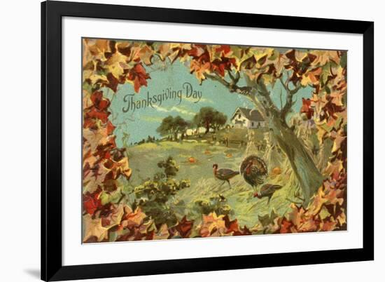 Thanksgiving Day - Fallen Leaves and Turkeys-Lantern Press-Framed Art Print