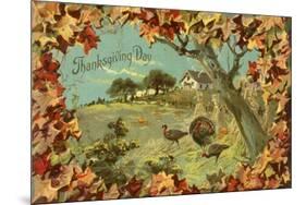 Thanksgiving Day - Fallen Leaves and Turkeys-Lantern Press-Mounted Art Print