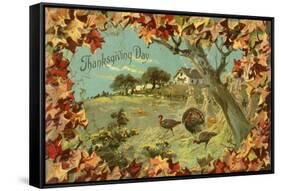 Thanksgiving Day - Fallen Leaves and Turkeys-Lantern Press-Framed Stretched Canvas